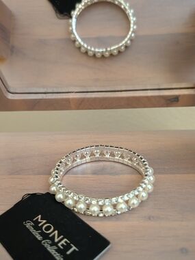 Monet Silver-Tone Stretch Bracelet with Cream Pearls and Clear Crystals